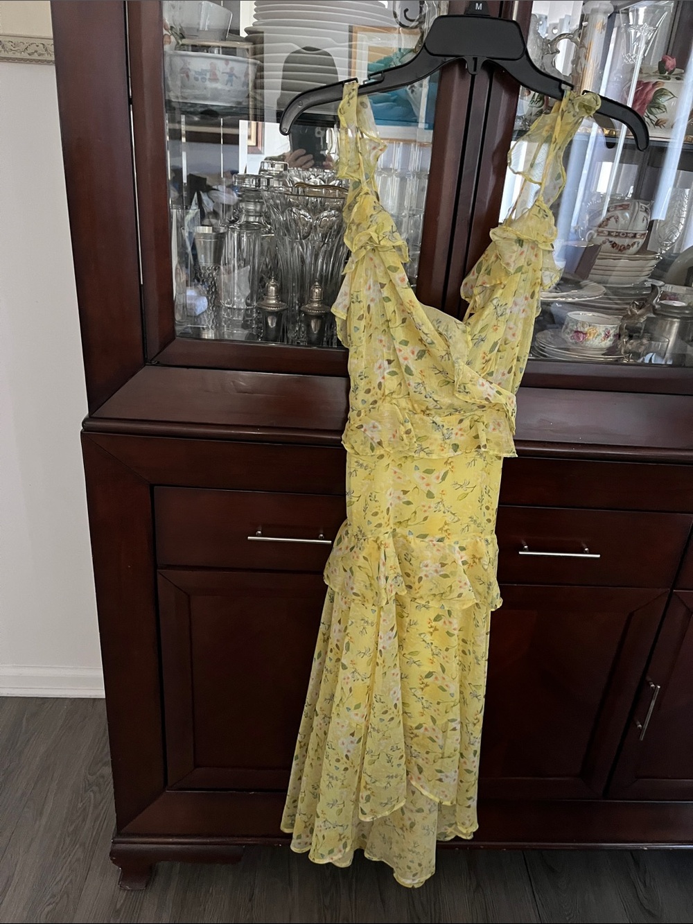 Aqua Yellow Floral Ruffle Midi Dress